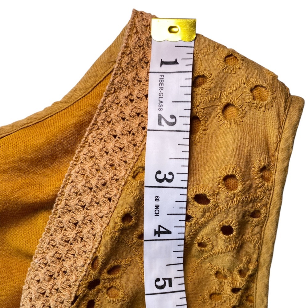 J Gee Mustard Yellow Boho Eyelet Tiered Midi Dress - Smocked Waist, V-Neck - Picture 15 of 16